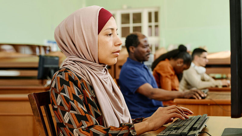 woman using computer